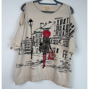 Mesh+Lace Women's Blouse Top Plus Size 2X Beige Stretchy Studs Cold Shoulders